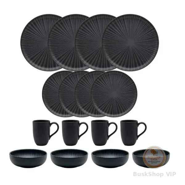 Aparelho De Jantar Lanche Completo 16 Peças Oxford Flat Onix Preto
