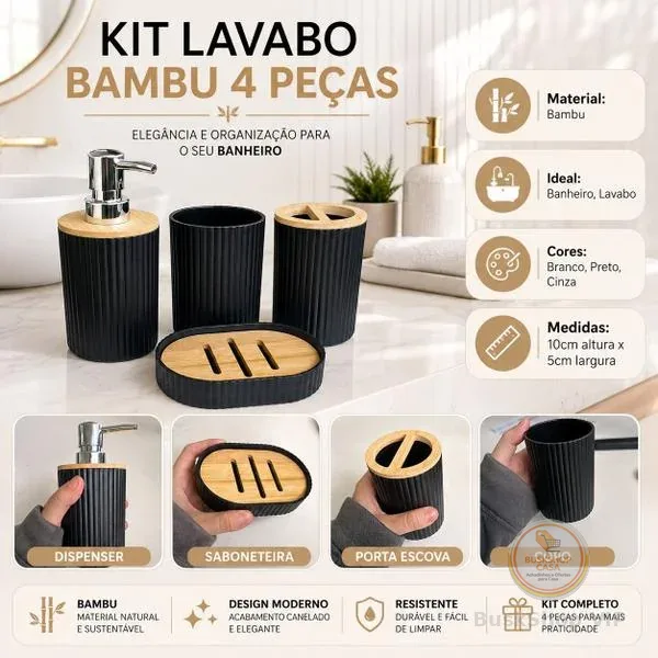 Kit Lavabo Bambu 4 Pecas Dispenser Porta Sabonete Liquido Escova Banheiro Jogo
