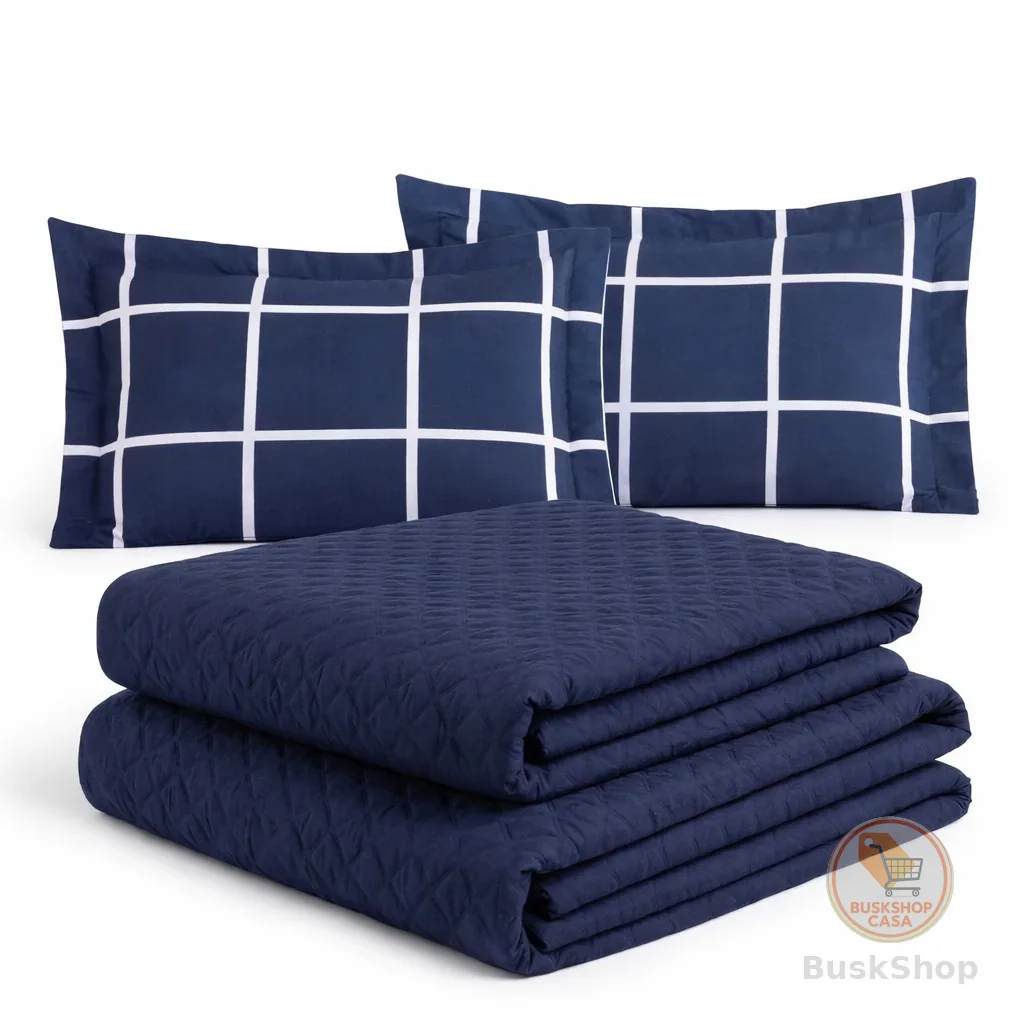 Kit Colcha Cocha Cobre Leito Jogo Roupa Cama Casal 5 Pçs Matelado Face Macio Basico Marinho