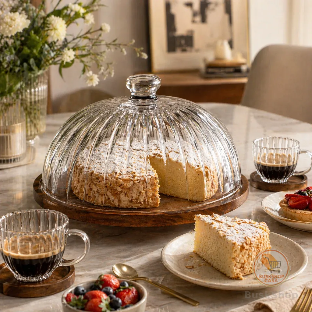 Porta Bolo 29cm Boleira Grande Cúpula Cristal Base Em Madeira Acácia Montecarlo Hauskraft Premium