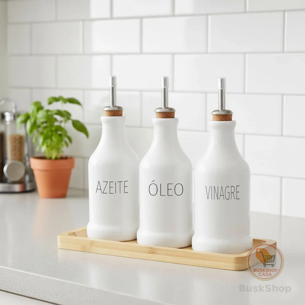 Garrafas Galheteiro Porcelana Azeite Vinagre e óleo com Bandeja de Bambu