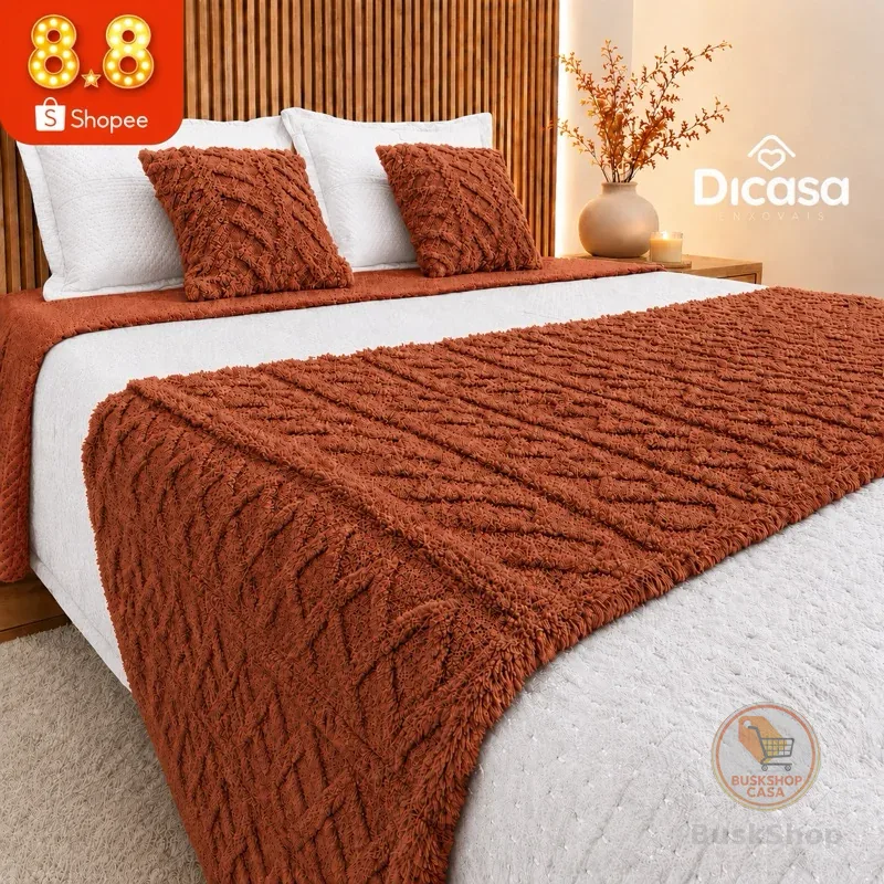 Kit 3 Peças Cama Posta 1 Peseira e 2 Capas de Almofada Decorativa Flannel Elegante Chique Casa Rica