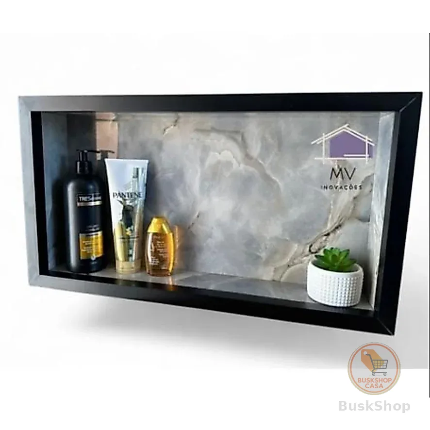 Nicho Embutido 60×30 cm Azul com Cinza e Fios de Ouro | Porta‑Shampoo / Organizador – Pronta Entrega