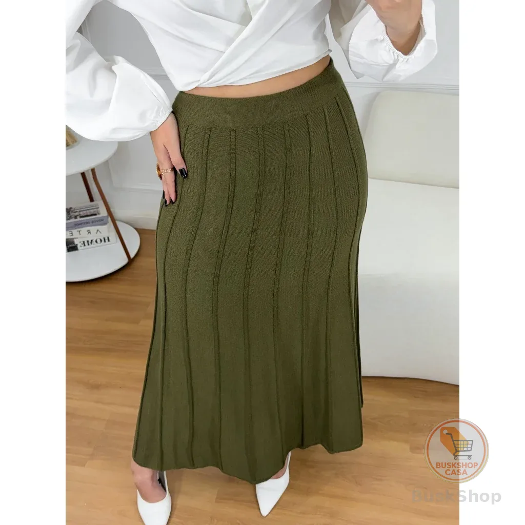 Saia Feminina Midi Tricot Modal Rodada Canelado Moda Longuete Godê Cintura Alta Moda Inverno Verao