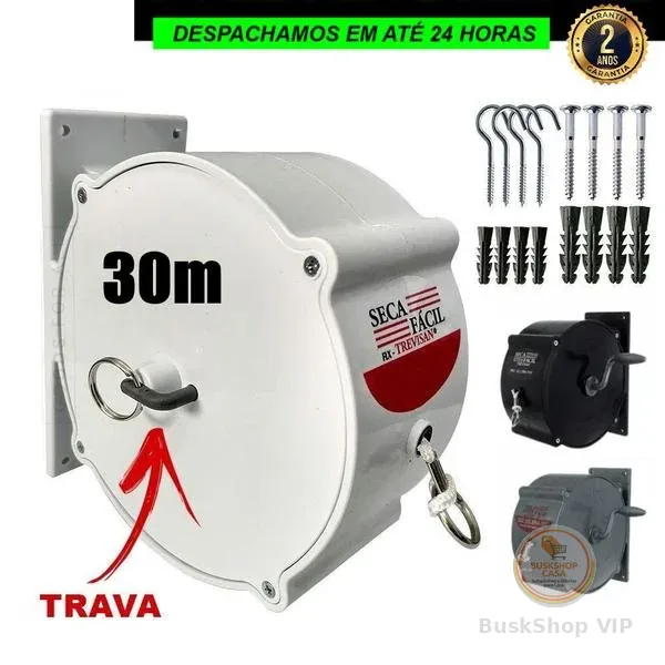 Varal Recolhivel Retratil Automatico Parede 30m Nylon De Parede Seca Fácil Trevisan Secalux