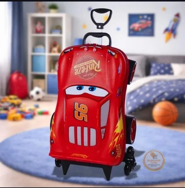 Maxtoy Mala Infantil Carros 3851AM22 Mochila Escolar com Rodinhas Triplas e Design 3D de Relâmpago McQueen para Crianças