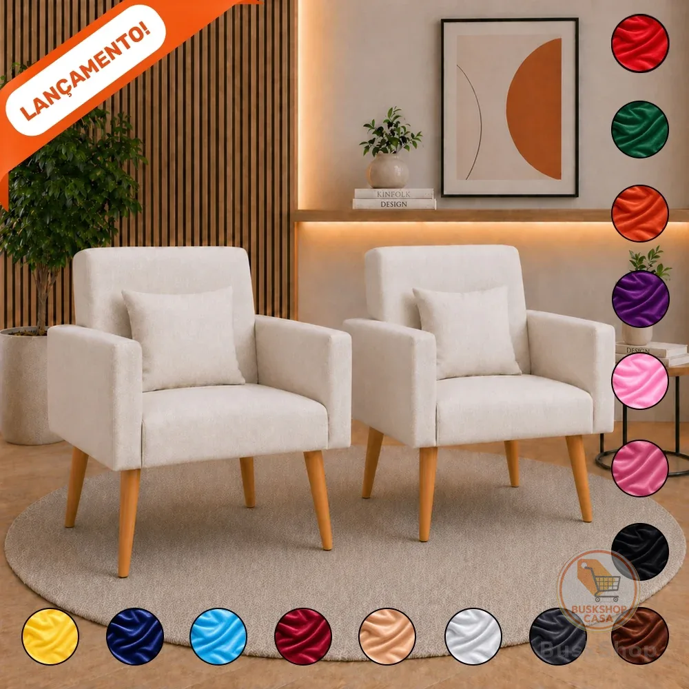 Kit 02 Poltronas para Sala Decorativa Nina com Almofada Pés Palito Suede Aninha Poltronas