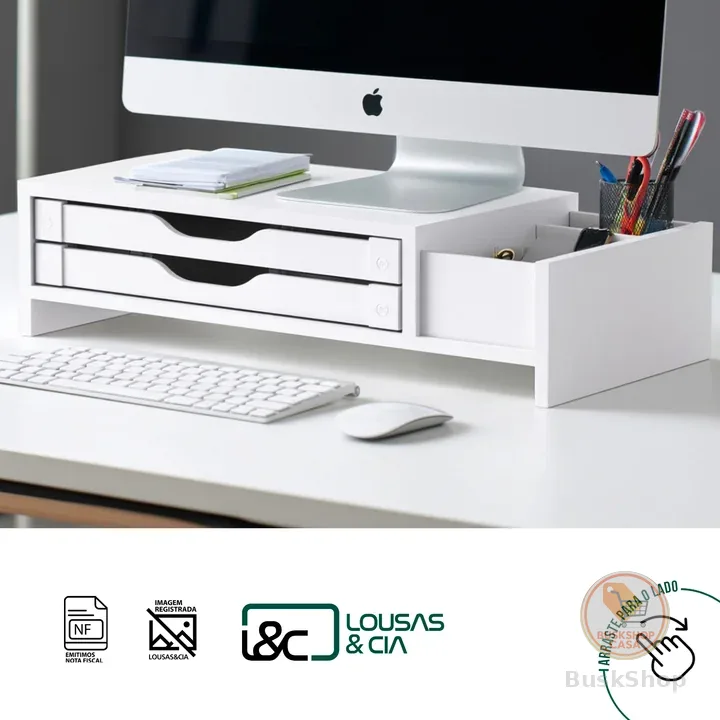Suporte Base Monitor Mesa Ergonômico 2 Gavetas + 3 Nichos Home Office Organização