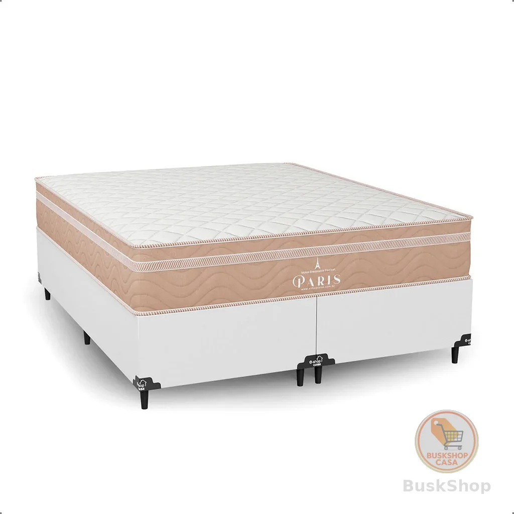 Cama Box Queen Branco + Colchão Paris Molas Ensacadas Bege - e-Shop Casa