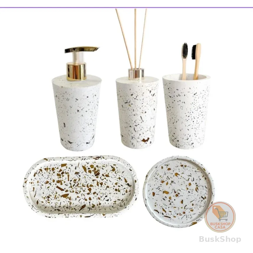 Kit 5 Peças Lavabo/Banheiro Decorativo Bandeja + Difusor + Sab. Liquido + Porta Escova
