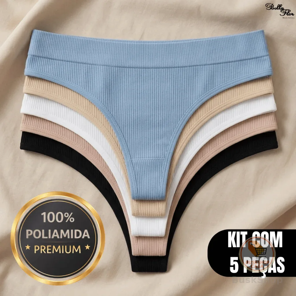Kit 5 Calcinhas Sem Costura Fio Dental Modeladora Canelada Alta Compressão Não Marca Conforto Premium