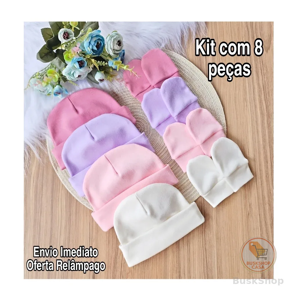 Kit 4 Touca e 4 Luva Para Bebê Recém Nascido 100% Algodão Antialérgico Maternidade Enxoval Gestante