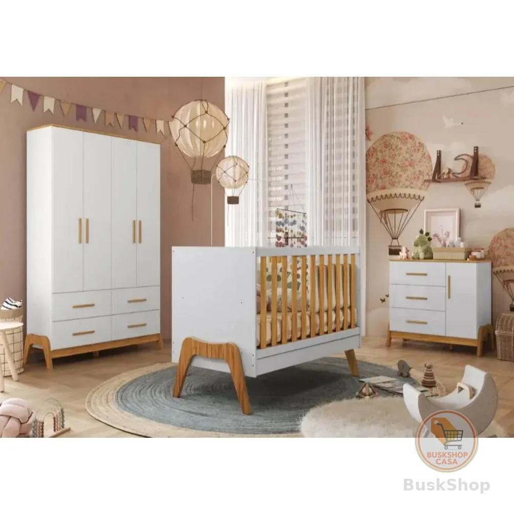 Quarto de Bebê Infantil Retro Guti Berço 5 em 1 Cômoda Roupeiro 100%MDF Branco Brilho Amêndoa Peroba