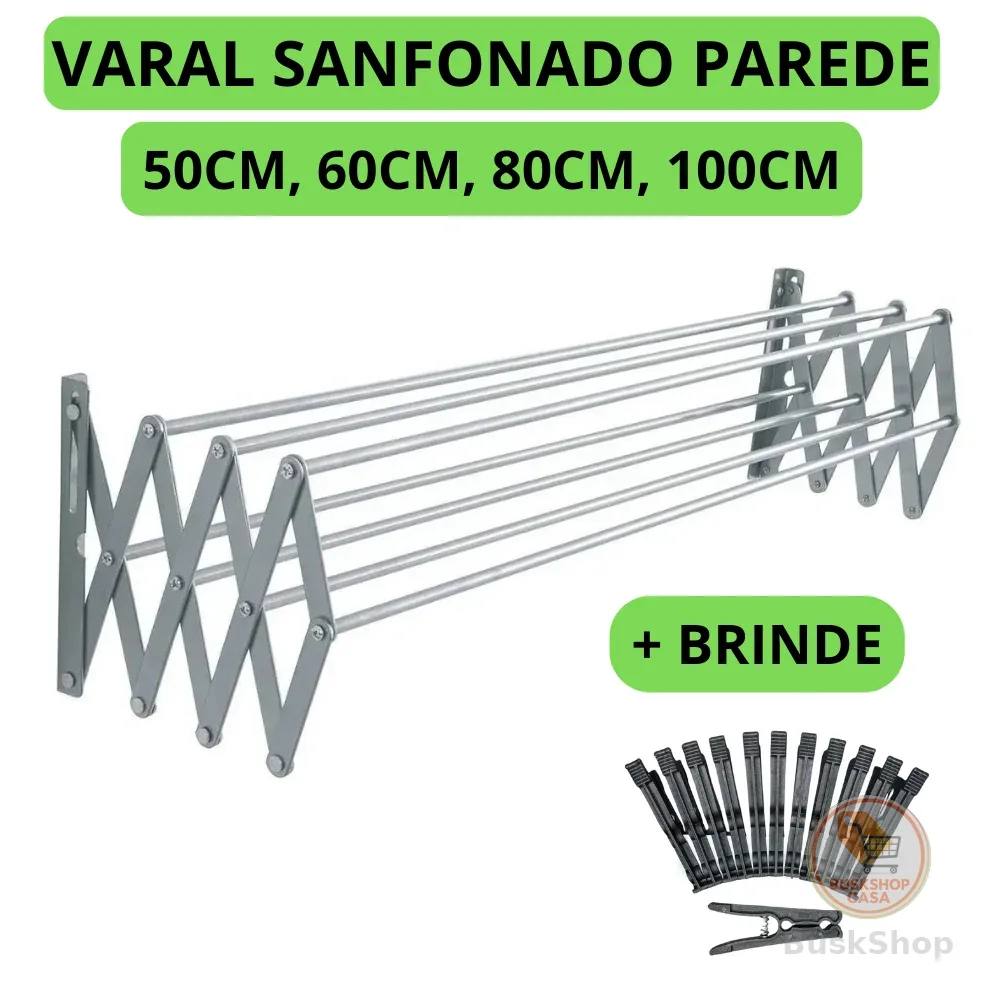 Varal De Roupa Retratil sanfonado Parede varios tamanhos 50cm 60cm 80cm 100cm