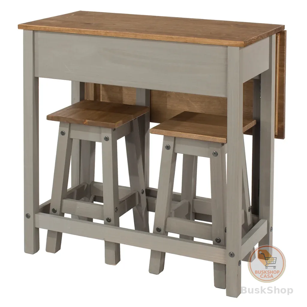 Mesa Dobrável e 2 Banquetas de Madeira Maciça Cinza Lavado - CRGTBSET4