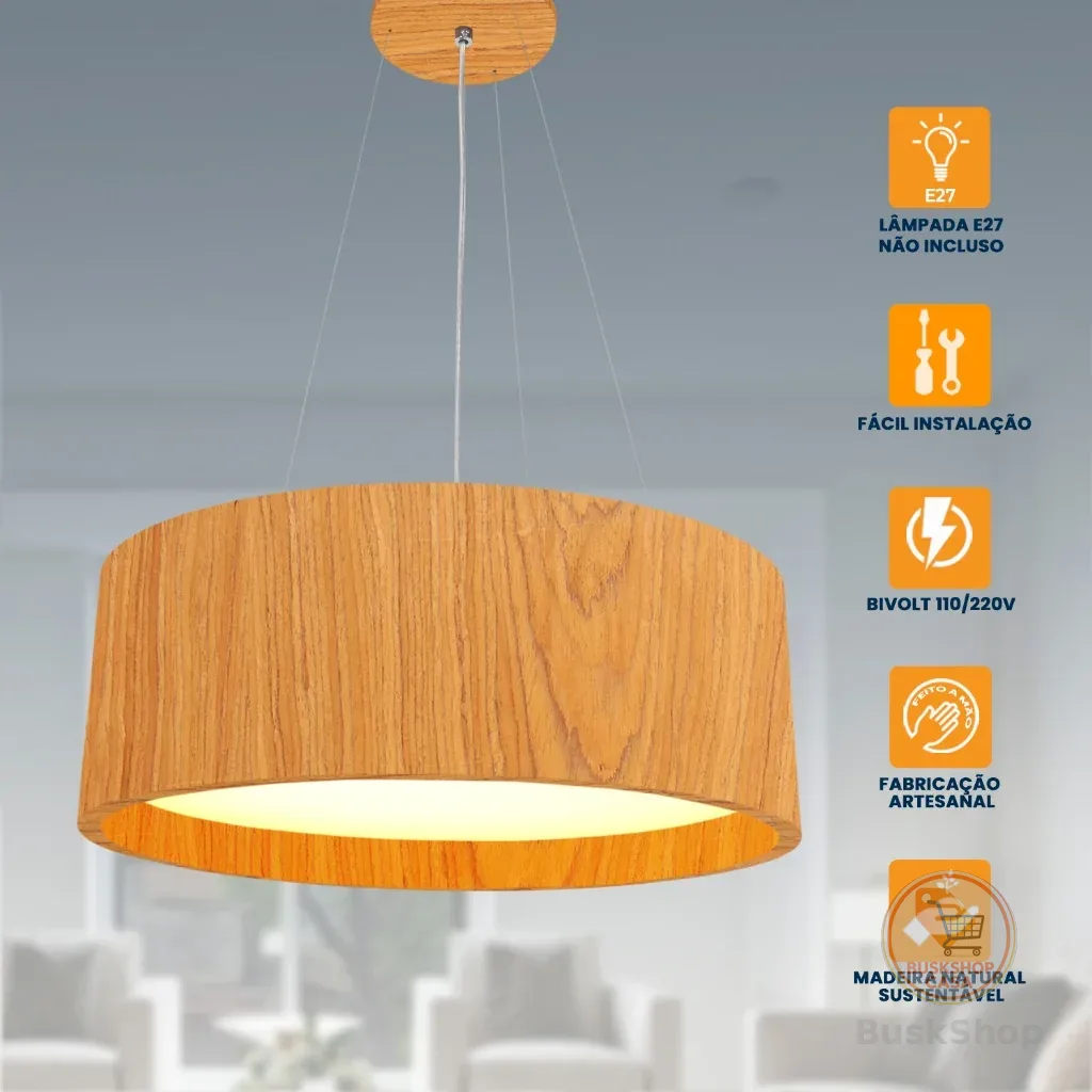 Pendente Wood Redondo 40x40cm - 4 luzes E27 Luminária Decoração Design Moderno
