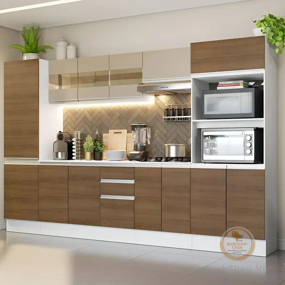 Armário De Cozinha Completa Modulada Com Balcão Para Cooktop 100% Mdf 300 Cm Smart Madesa 01 Cor Branco/rustic/crema Xmgrsm300001
