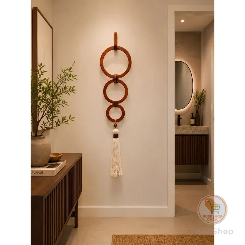 Colar de parede madeira 3 elos decorativo franja grande argola grande
