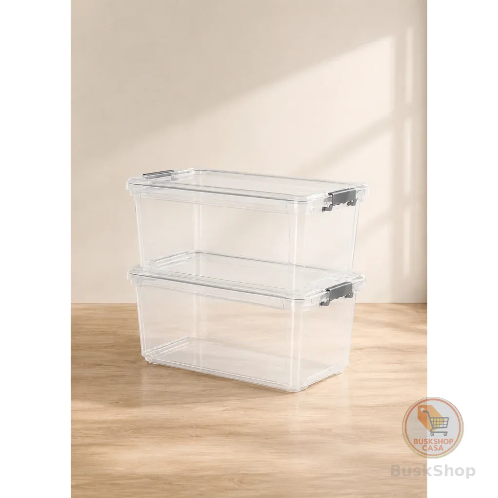 Kit 2 Caixas Organizadora Com Tampa e Trava Grande Tipo Conteiner 50L Transparente Branco Empilhável