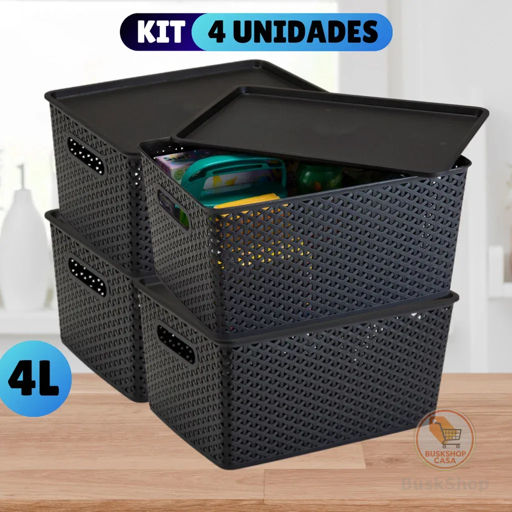 Kit Com 4 Cesto Caixa Organizadora Rattan Com Tampa  4 Litros Preto