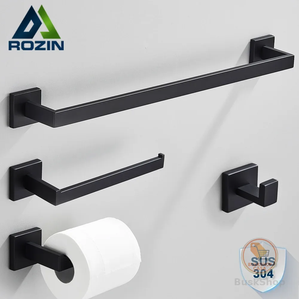 Kit Acessórios Para Banheiro 4 Peças Inox Quadrado 40cm Toalheiro De Banheiro Preto/Dourado/Cromado