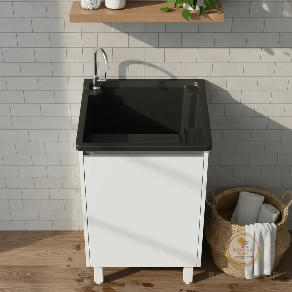Tanque Lavar Roupa 26l | Gabinete Mdf Branco 46cm | Prateleira, Válvula E Sifão Inclusos | Entregue Montado | Balcão Armário Com Tanque Preto Para Lavanderia | Ejv Shoop