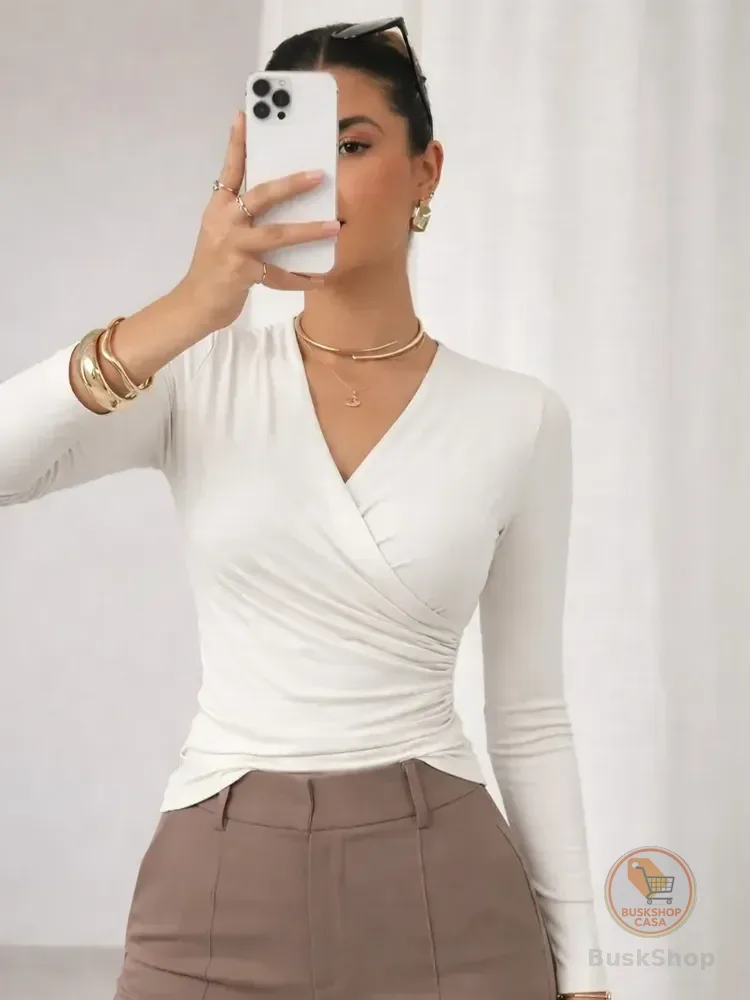 Blusa Feminina Suplex Manga Longa Decote V Slim Off-white M