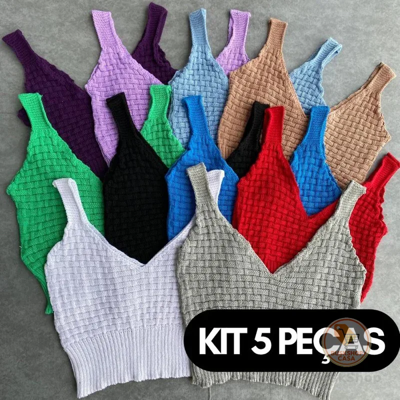 KIT 5 PEÇAS Cropped Top Alcinha Tijolinho moda tricot feminino blogueira combo tricô