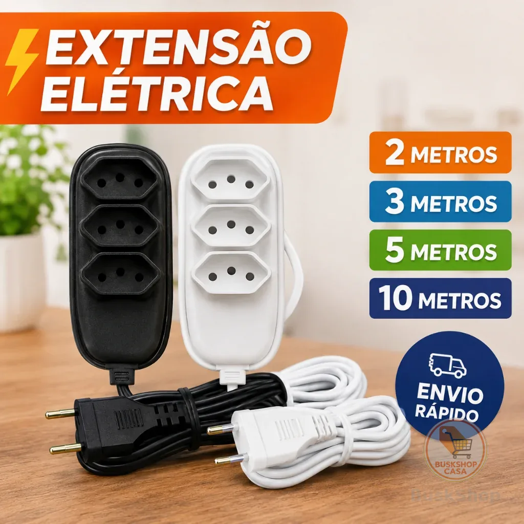 Extensão Elétrica 2, 3, 5 ou 10 METROS - BIVOLT 110/220V 10A TRIPOLAR RESISTENTE COR PRETA BRANCA