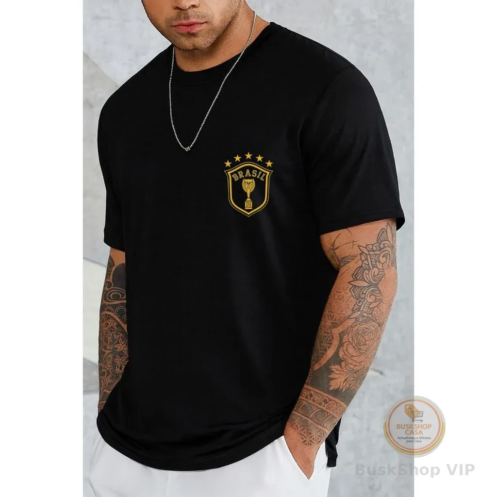 Camiseta Brasil Masculina Gola Redonda Camisa Premium Algodão 30.1 Plus Size P ao G3