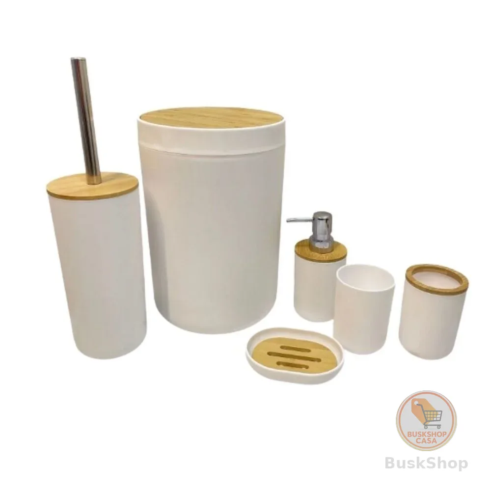 Kit Para Banheiro Bambu 6 Peças Lixeira Copo Saboneteira Dispenser Porta Escova e Escova Sanitária