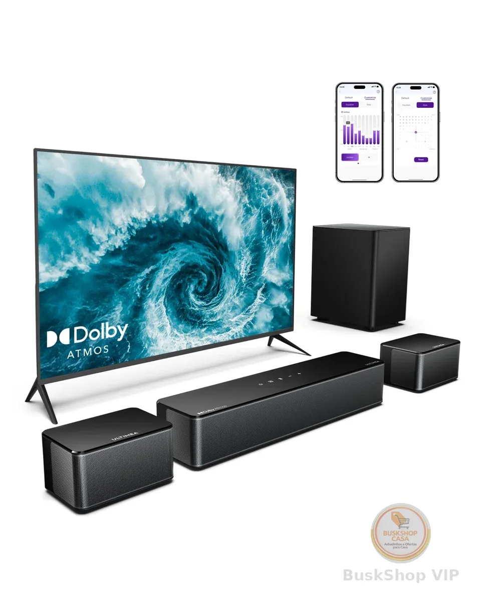 ULTIMEA Soundbar 5.1 Canais com Dolby Atmos, Sistema Home Theater Surround de 410W para TV, Barra de Som com Subwoofer, Surround e Graves Ajustáveis, Controle por Aplicativo, Poseidon D60