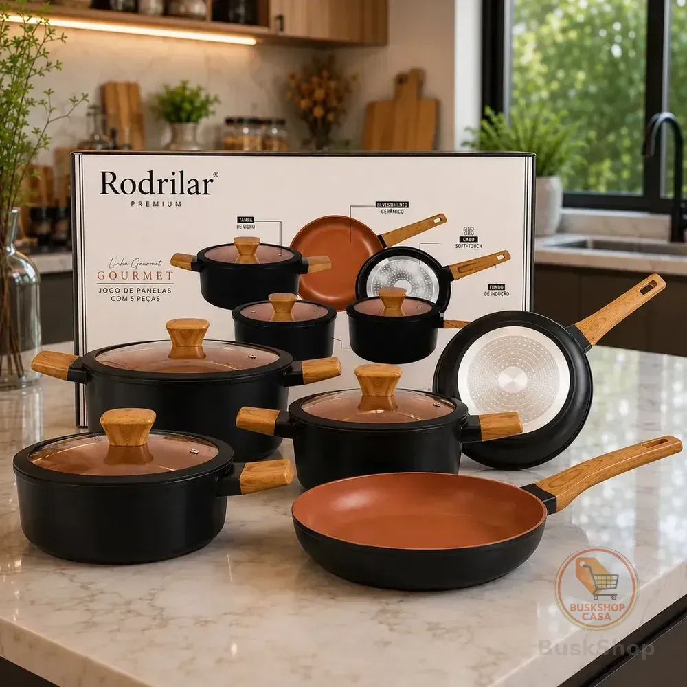 Jogo de Panelas 5 Peças Rodrilar Gourmet Alumínio Revestimento Cerâmico Antiaderente Fundo para Indução Tampas de Vidro Cabos Soft Touch Cozinha Completa Premium Fogão Gás Elétrico Vitrocerâmico