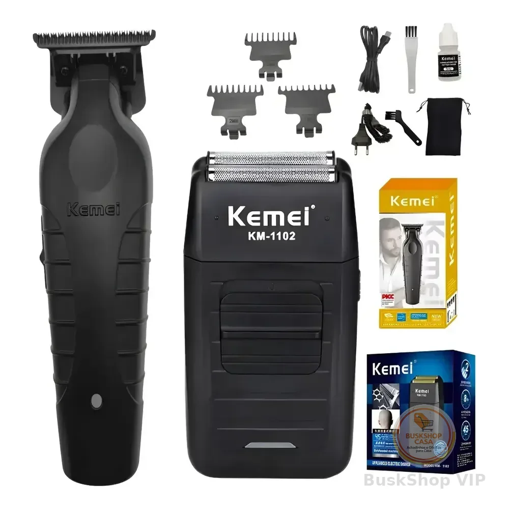 Kit Kemei Máquina De Corte Km-2299 E Acabamento Km-1102 Bivolt Preto 5v
