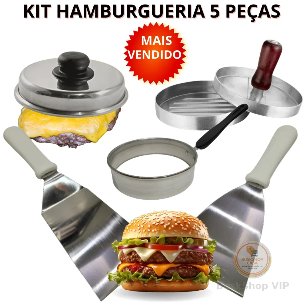 Kit Hamburgueria Completo Modelador de Hambúrguer Molde Ovo Espátulas Curva Reta Inox Tampa Abafador
