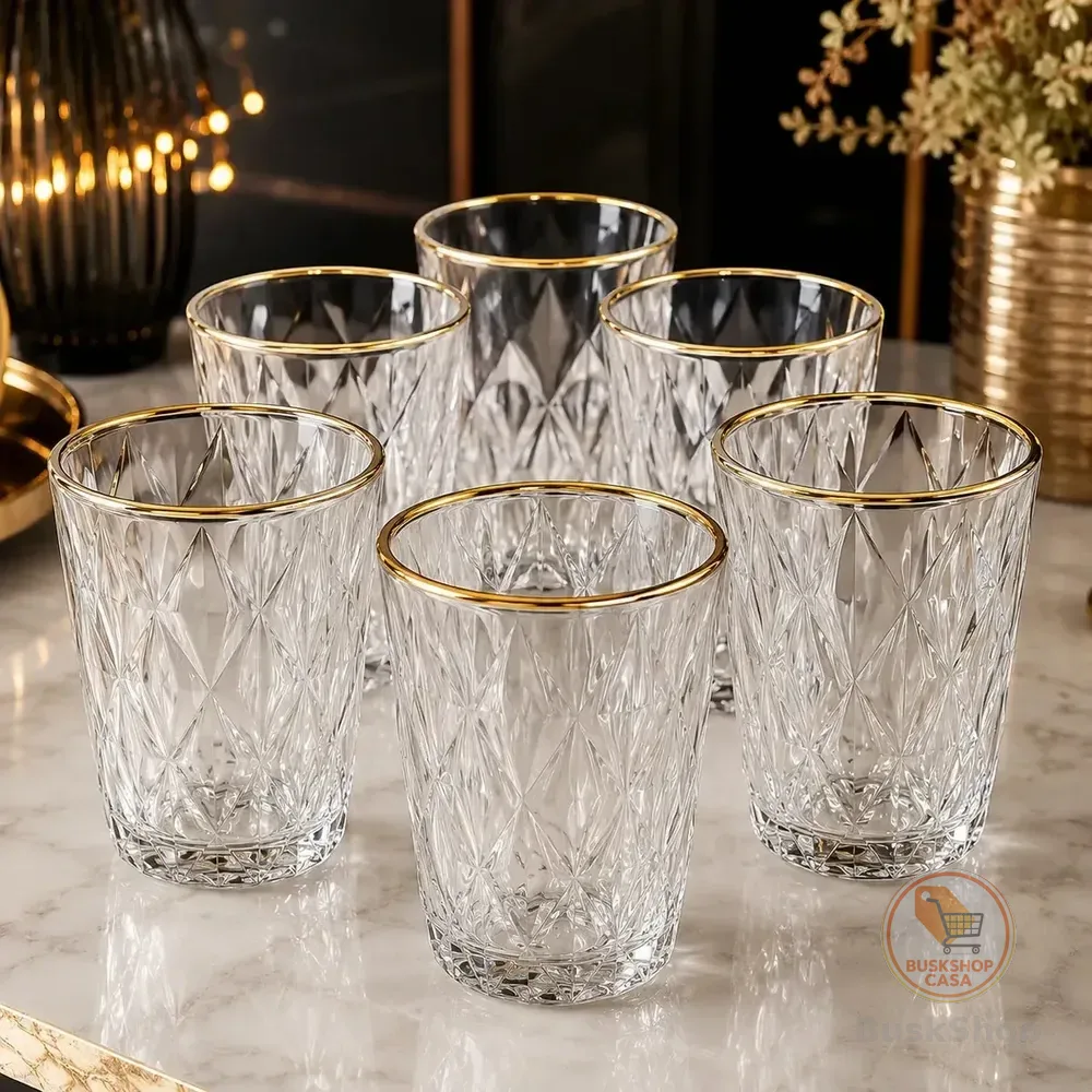 Jogo 6 Copos Altos Vidro 370ml Diamond Clear Borda Dourada Transparente Com Borda Dourada
