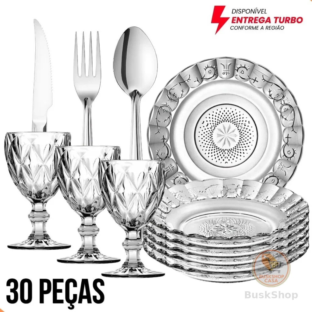 Jogo Mesa Posta 30 Peças 6 Pratos  + 6 Taças 340ml + 18 Talheres Inox Luxo Elegante Mesa Posta Completa