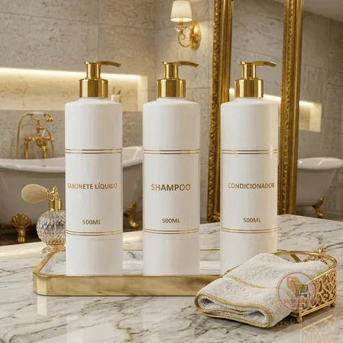Kit Banheiro Lavabo 3 Frascos 500ml Porta Shampoo E Sabonete Branco Luxo