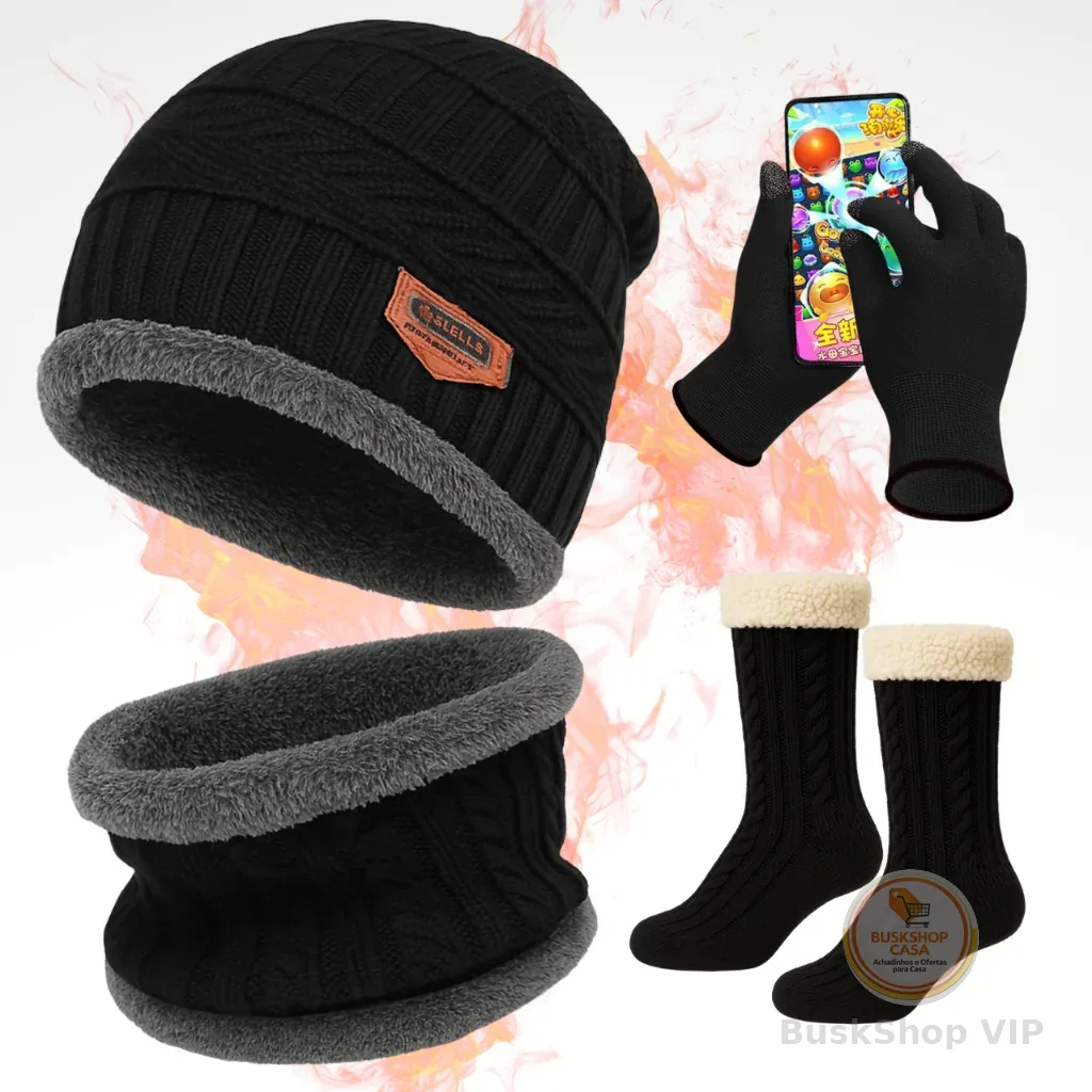 Kit Inverno Touca Gorro Forrado Cachecol + Luva + Meia Térmica Quente Frio Intenso Unissex