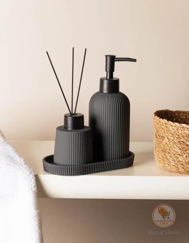 Kit Banheiro Porta Sabonete Líquido E Difusor Aromas Cinza Cinza