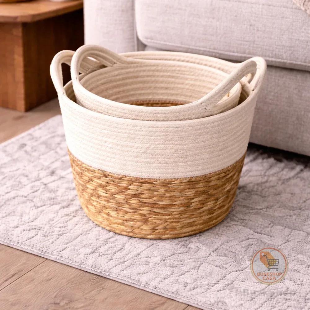 Cesto Decorativo Organizador Fibra Natural Bicolor C/ Alça Estilo Boho Sala Quarto Banheiro