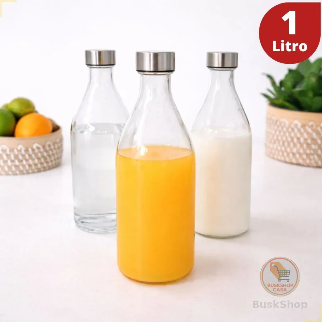 Garrafa de Vidro 1 Litro Tampa Inox Para Água Suco Leite Geladeira Jarra Fechamento Hermético