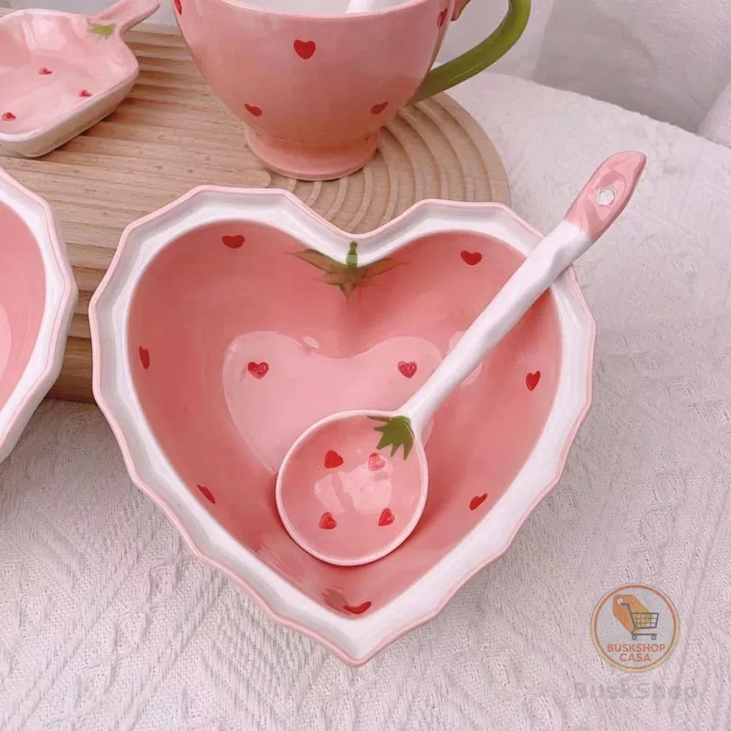 Simples casa novo estilo dos desenhos animados cerâmica pêssego coração morango tigela colher talheres