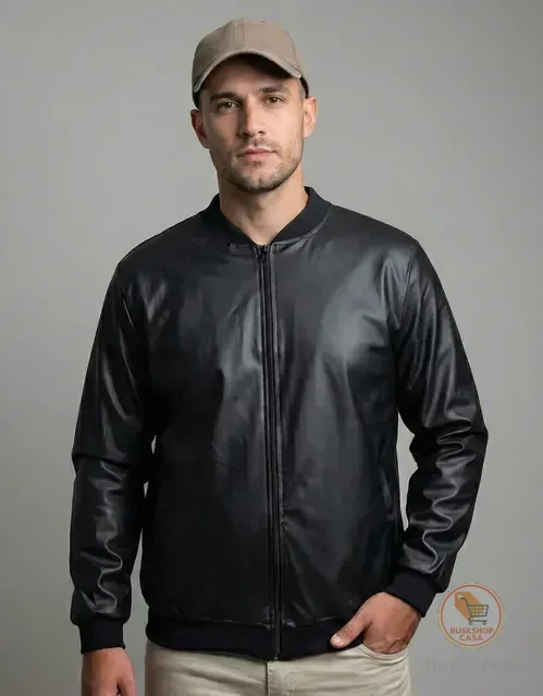 Jaqueta Bomber Courino Masculina Preta Com Zíper