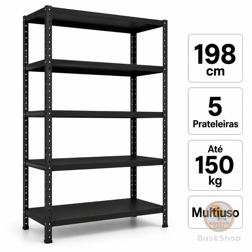Estante de Aço Industrial 5 Prateleiras 198x90cm Multiuso Suporta Até 150kg