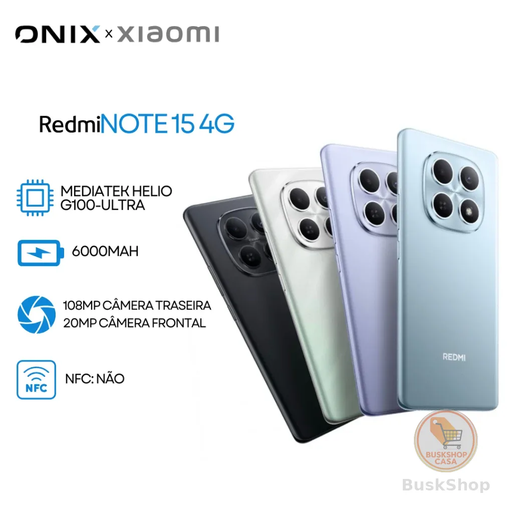 Xiaomi Redmi Note 15 4G, Processador Mediatek Hélio G100-Ultra, Bateria 6000mAh, 128/6GB RAM- 256/8GB RAM