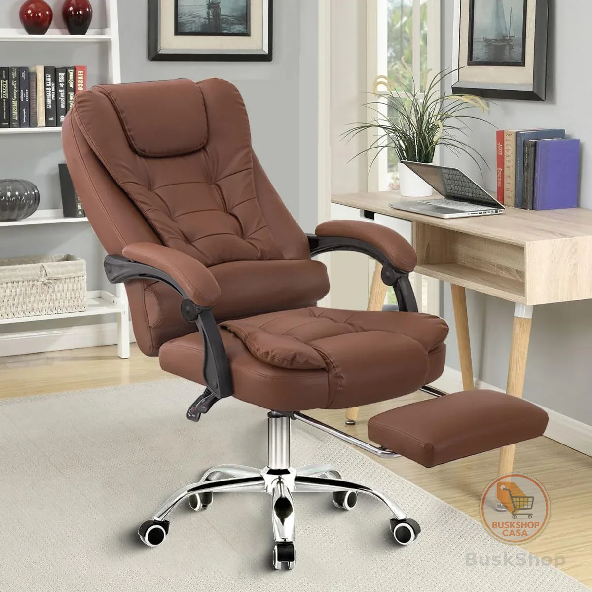 Cadeira de escritório presidente, cadeira de home office com apoio para os pés e encosto ajustável(Marrom)