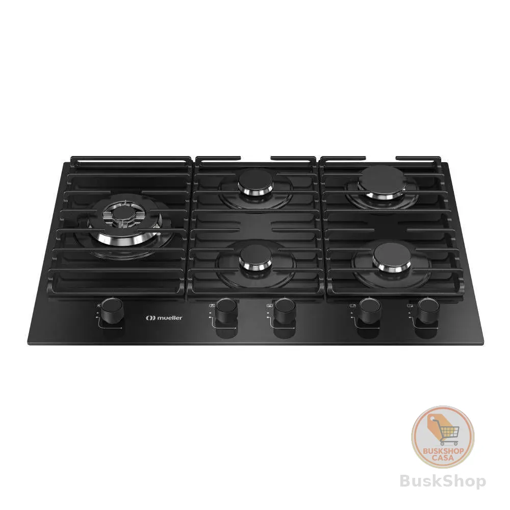 Cooktop Mueller 5 Bocas Vidro Preto Tripla Chama Com Grade Dupla Bivolt MCG5BM