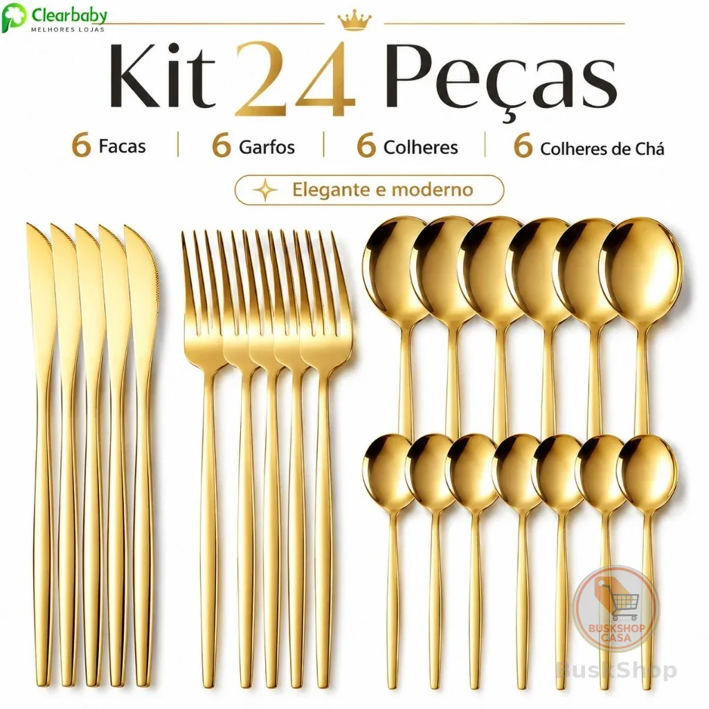 Kit Talheres 24 Peças Luxo | Garfos, Facas e Colheres em Aço Inoxidável Dourado