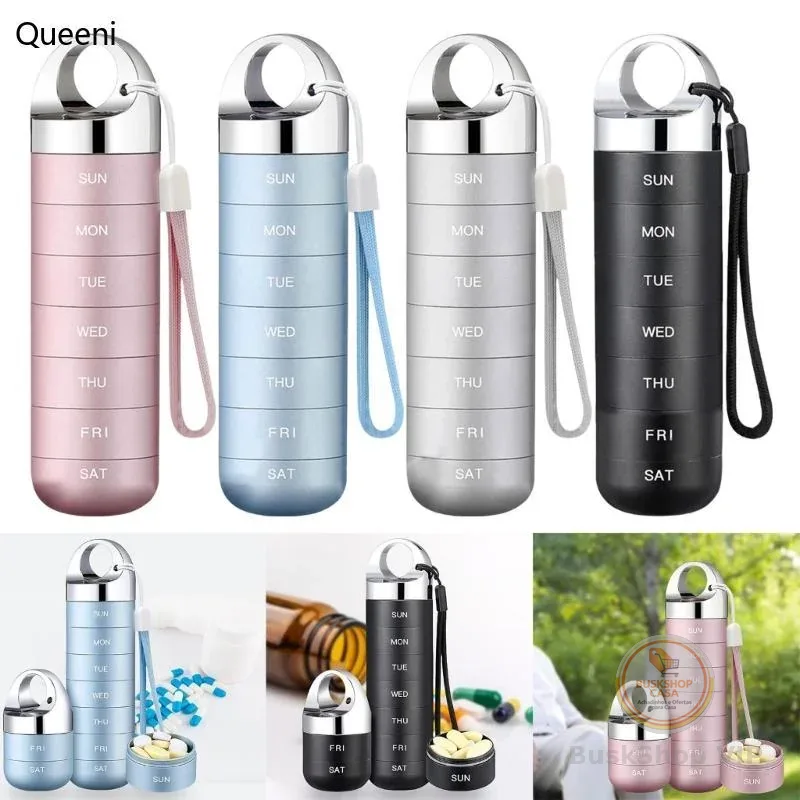 Queeni Compact Travel Pills Organizer Recipiente Comprimidos Metal 7 Compartimentos Para Viajantes Frequentes